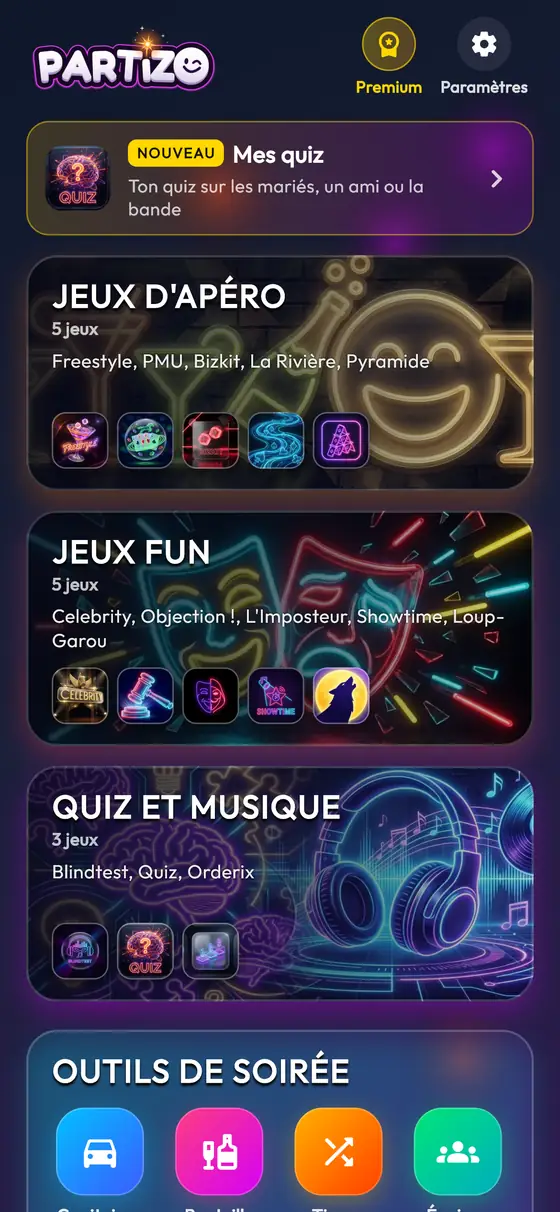 L'accueil de l'appli Partizo : jeux d'apéro, jeux fun, blindtest et jeux intellectuels